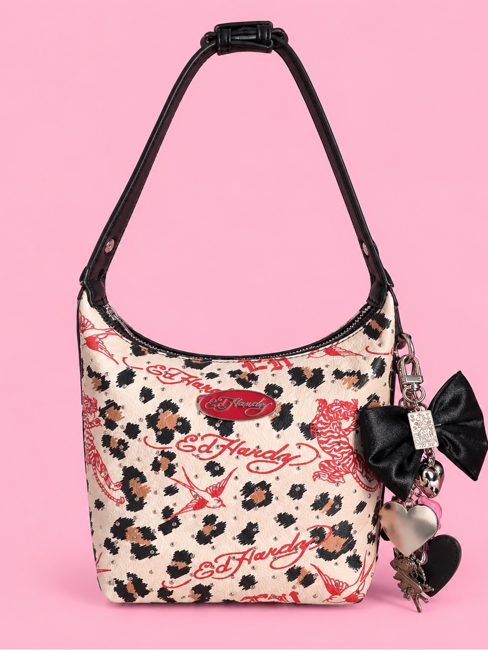 Ed Hardy Cream Leopard Print Shoulder Bag with Red Script and Black Handle